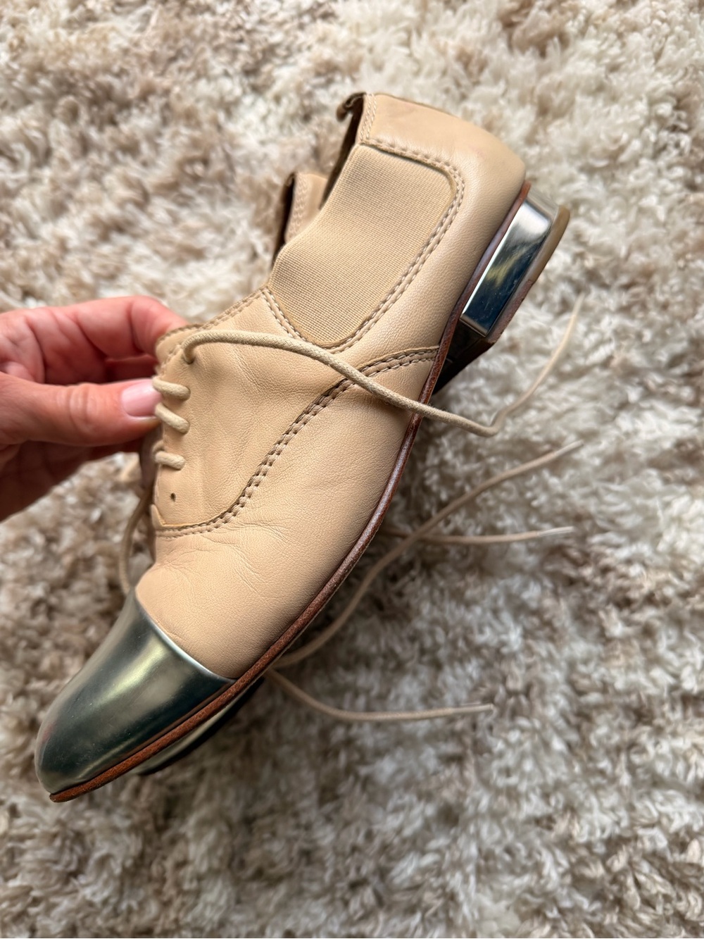 Coach Beige Leather Oxford with Silver Cap Toe